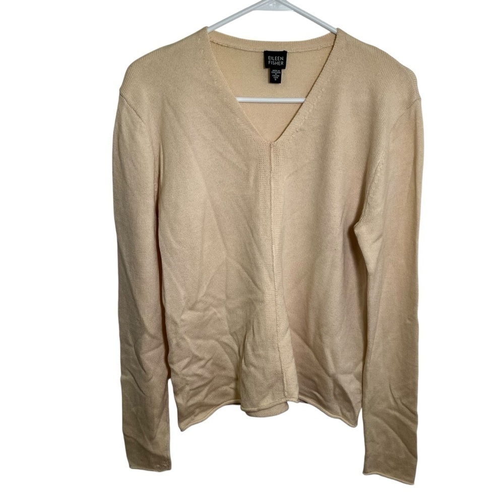 Eileen Fisher Women's Size Small V-Neck Sweater Cream Beige 100% Merino Wool